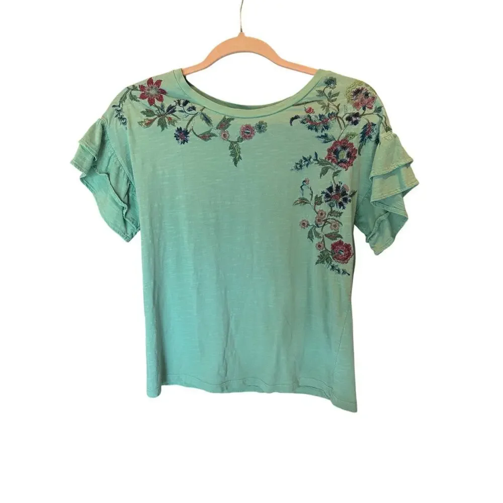 Sundance Embroidered Floral Top Womens Small Mint Green Ruffle Sleeve Boho